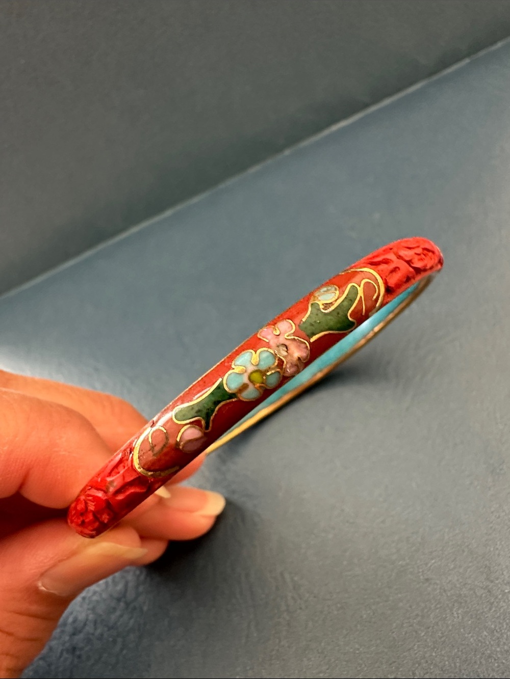 Vintage Hand Carved Cinnabar Cloisonne Bracelet